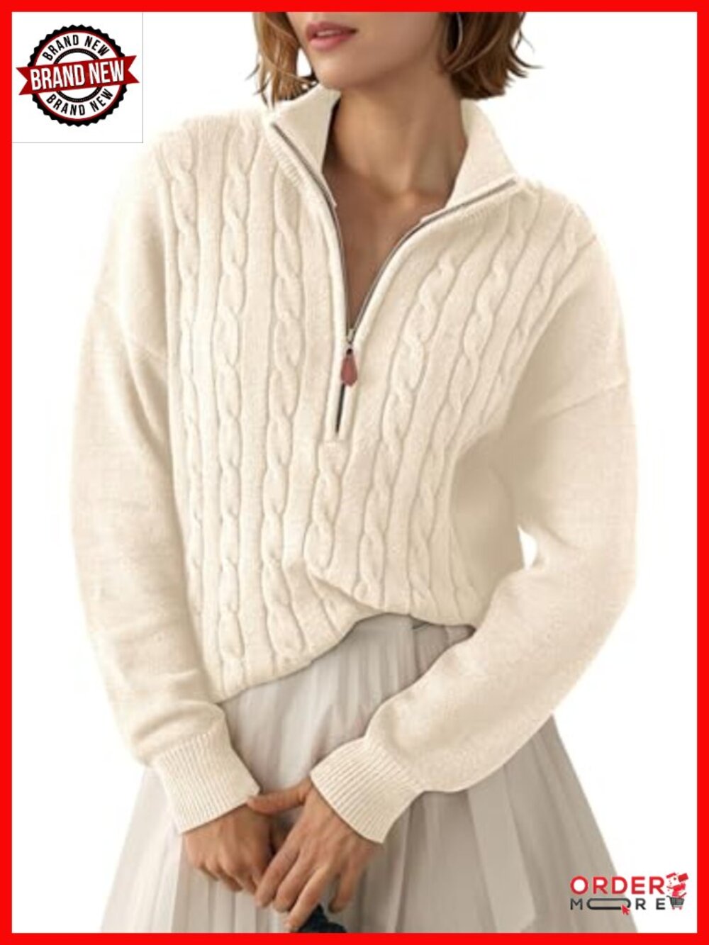 Women's Ribbed Cable Knit Quarter Zip V-Neck Pullover Sweater Relaxed Fit